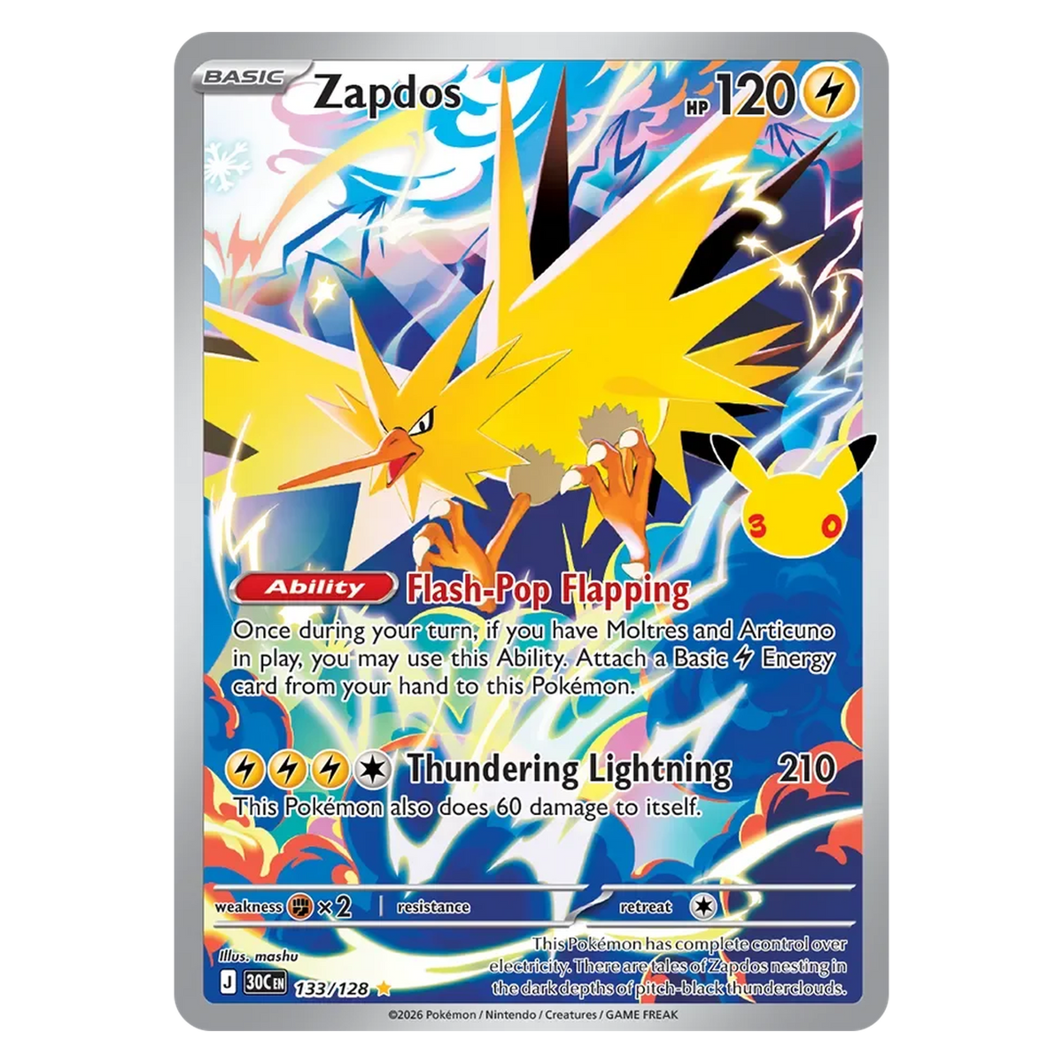 Pokemon TCG Zapdos 133/128 Illustration Rare - 30th Celebration