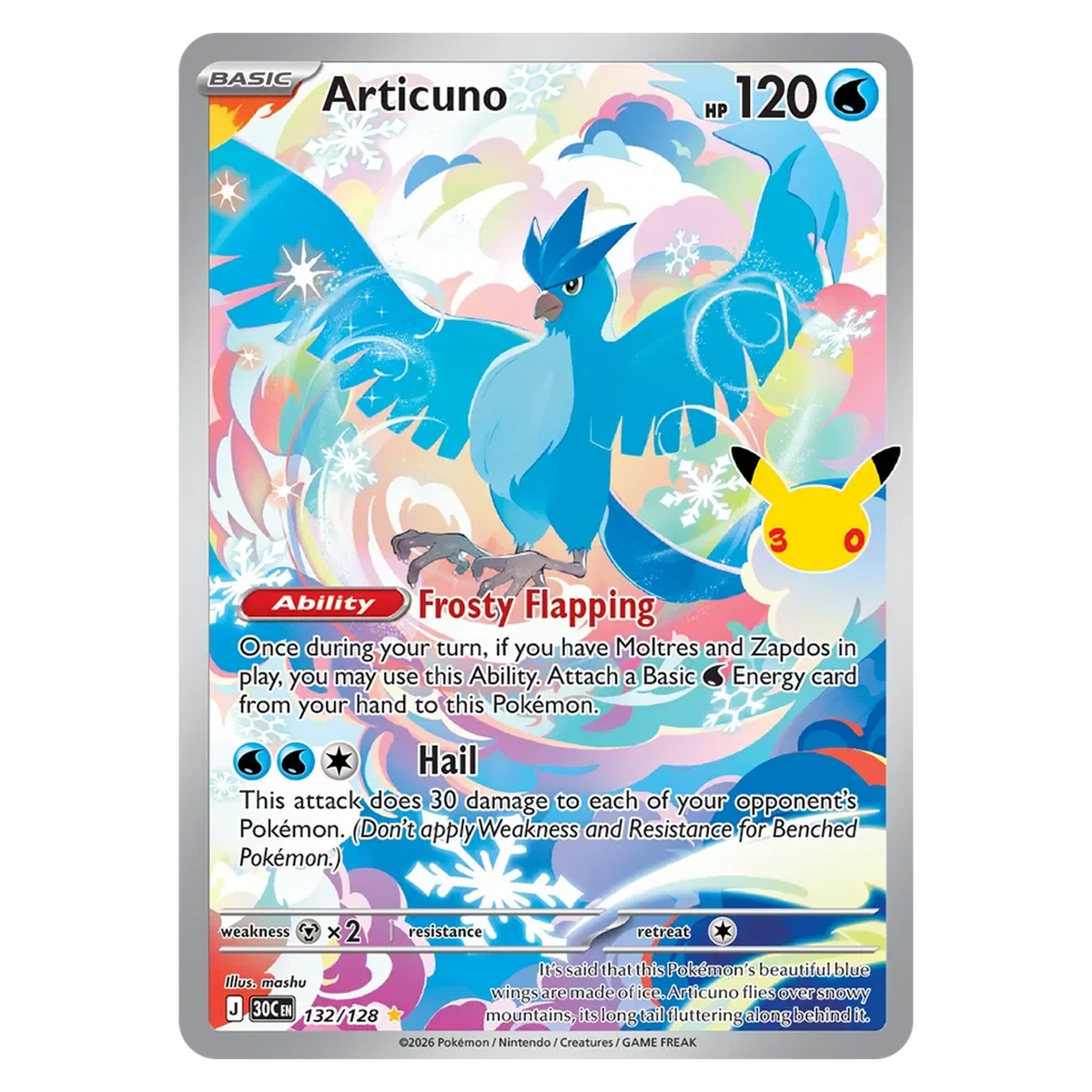 Pokemon TCG Articuno 132/128 Illustration Rare - 30th Celebration