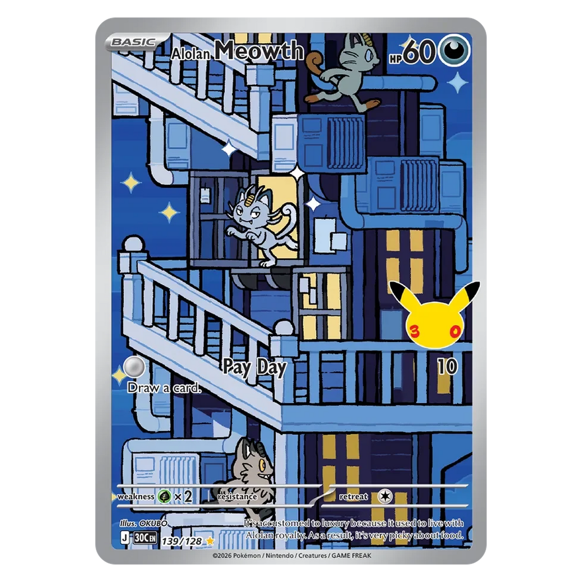 Pokemon TCG Alolan Meowth 139/128 Illustration Rare - 30th Celebration