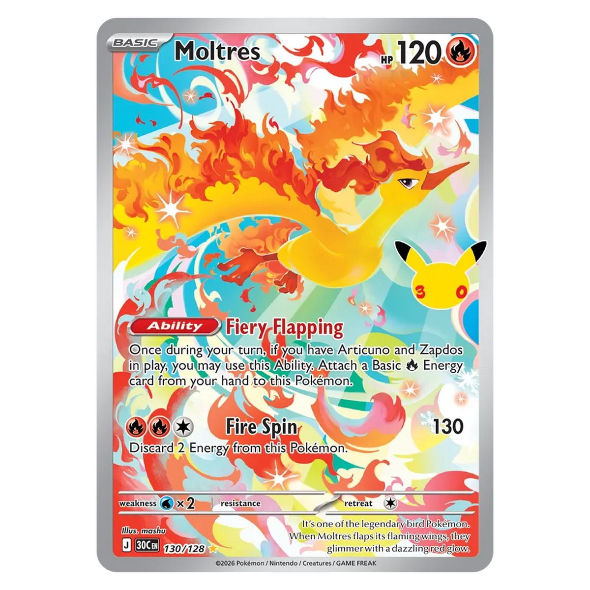 Pokemon TCG Moltres 130/128 Illustration Rare - 30th Celebration