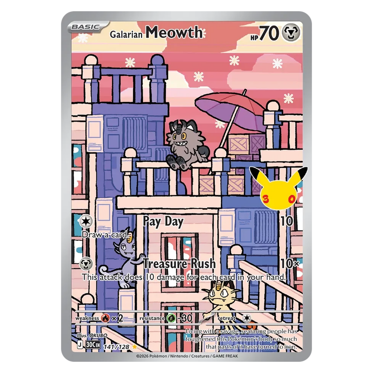 Pokemon TCG Galarian Meowth 141/128 Illustration Rare - 30th Celebration
