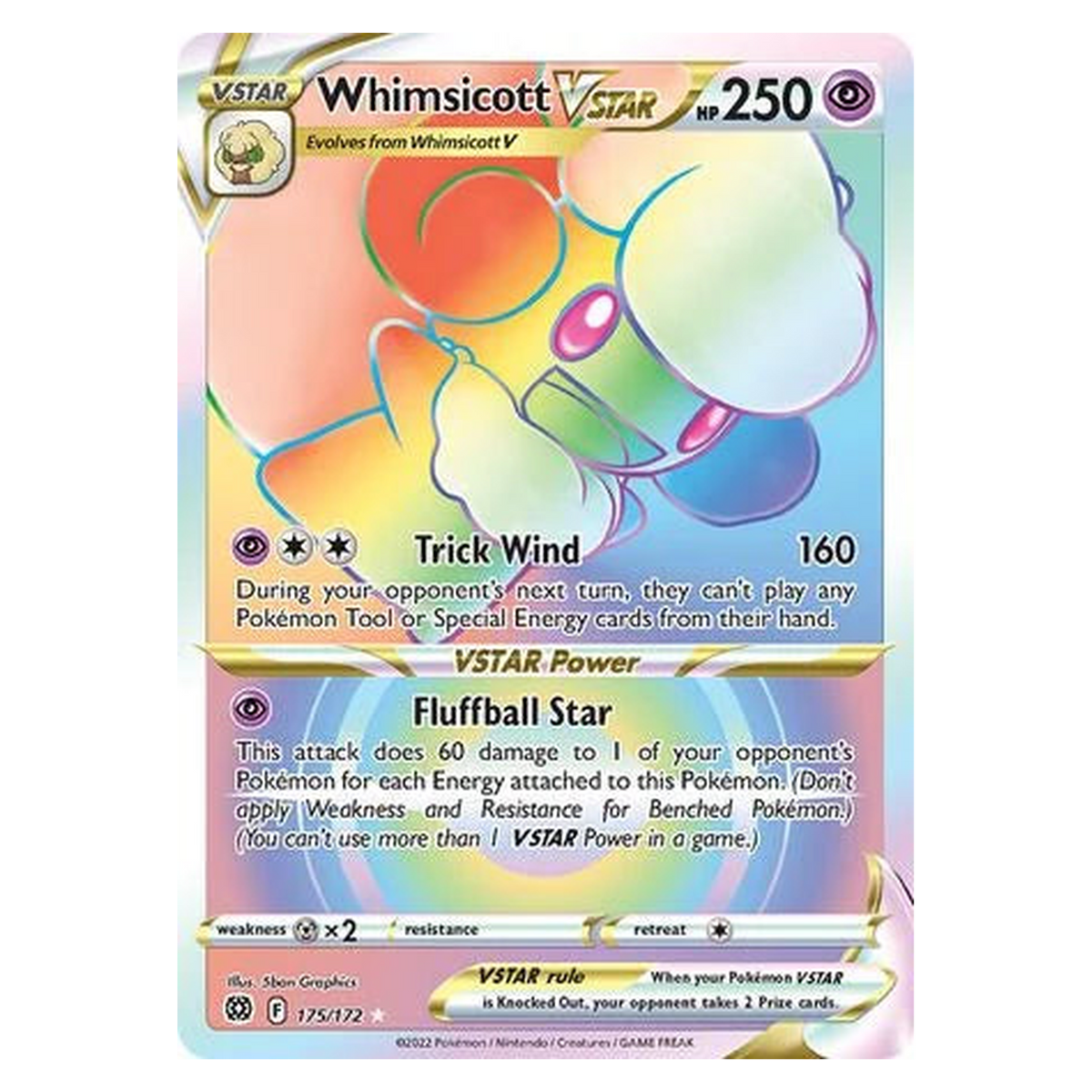 Pokemon TCG Whimsicott VSTAR 175/172 Rare Rainbow - Brilliant Stars