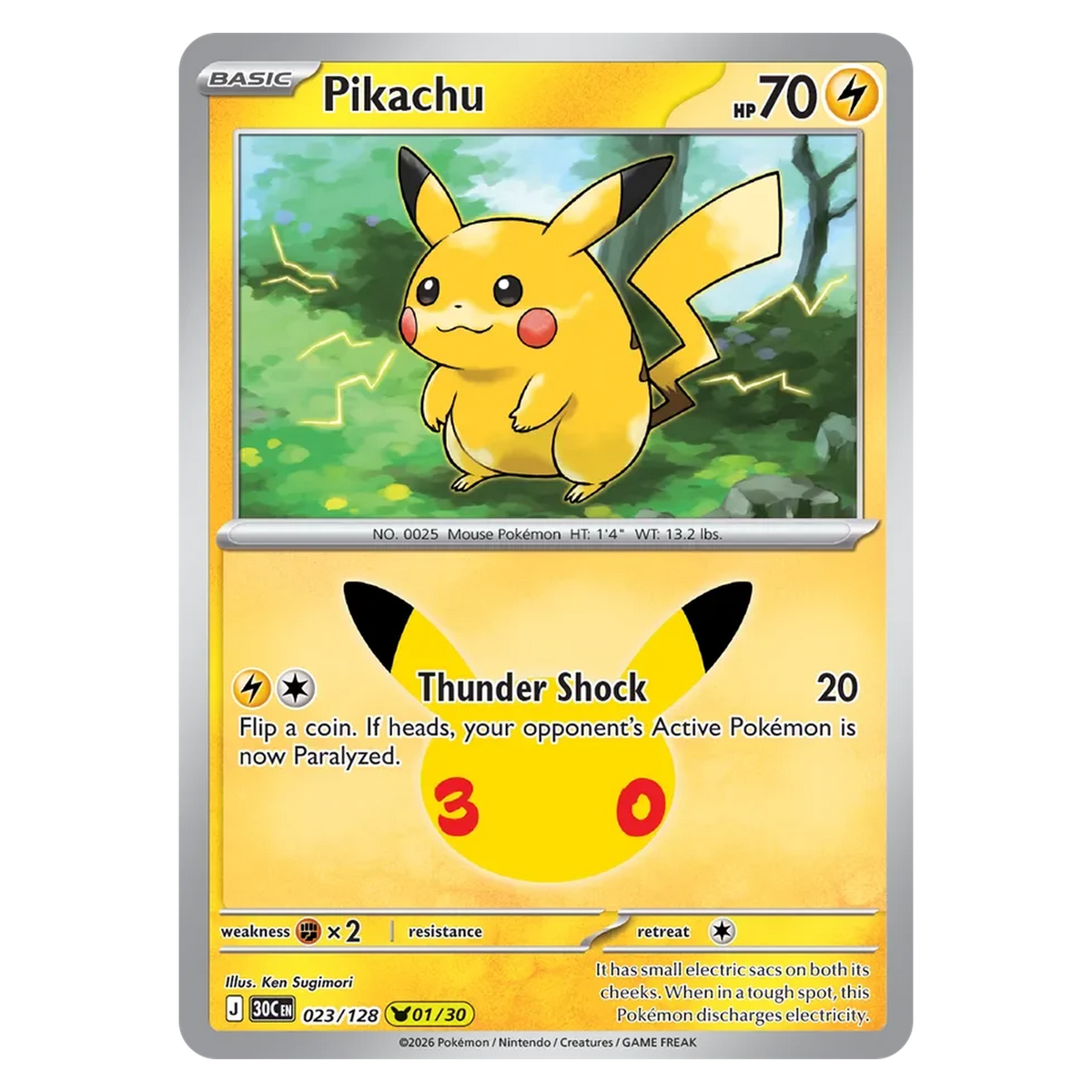 Pokemon TCG Pikachu 023/128 Pikachu Rare - 30th Celebration