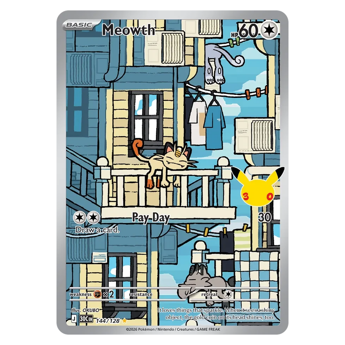 Pokemon TCG Meowth 144/128 Illustration Rare - 30th Celebration
