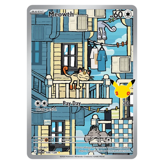 Pokemon TCG Meowth 144/128 Illustration Rare - 30th Celebration